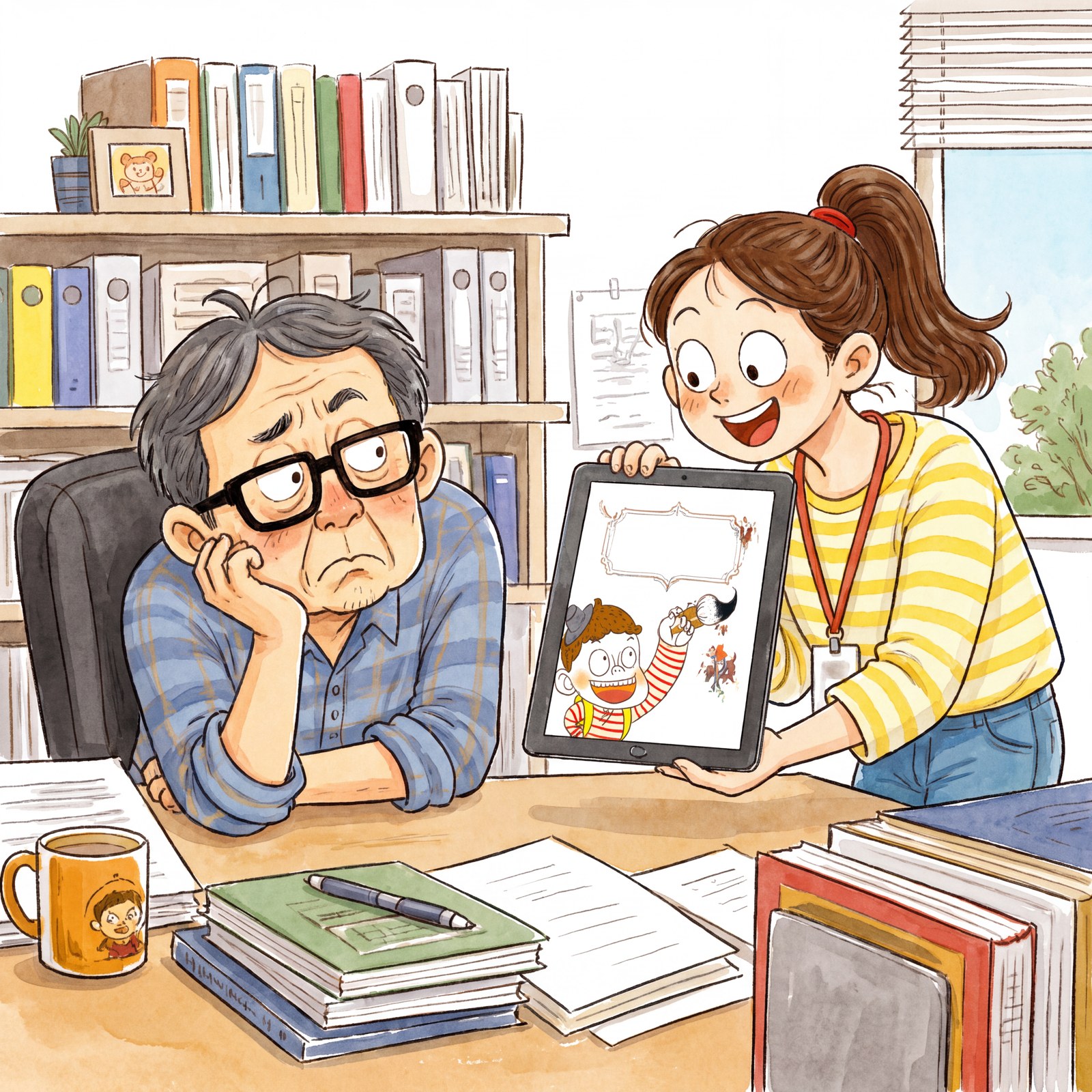 출판사 사무실에서 — 태블릿을 든 류미와, 모니터 앞의 선배